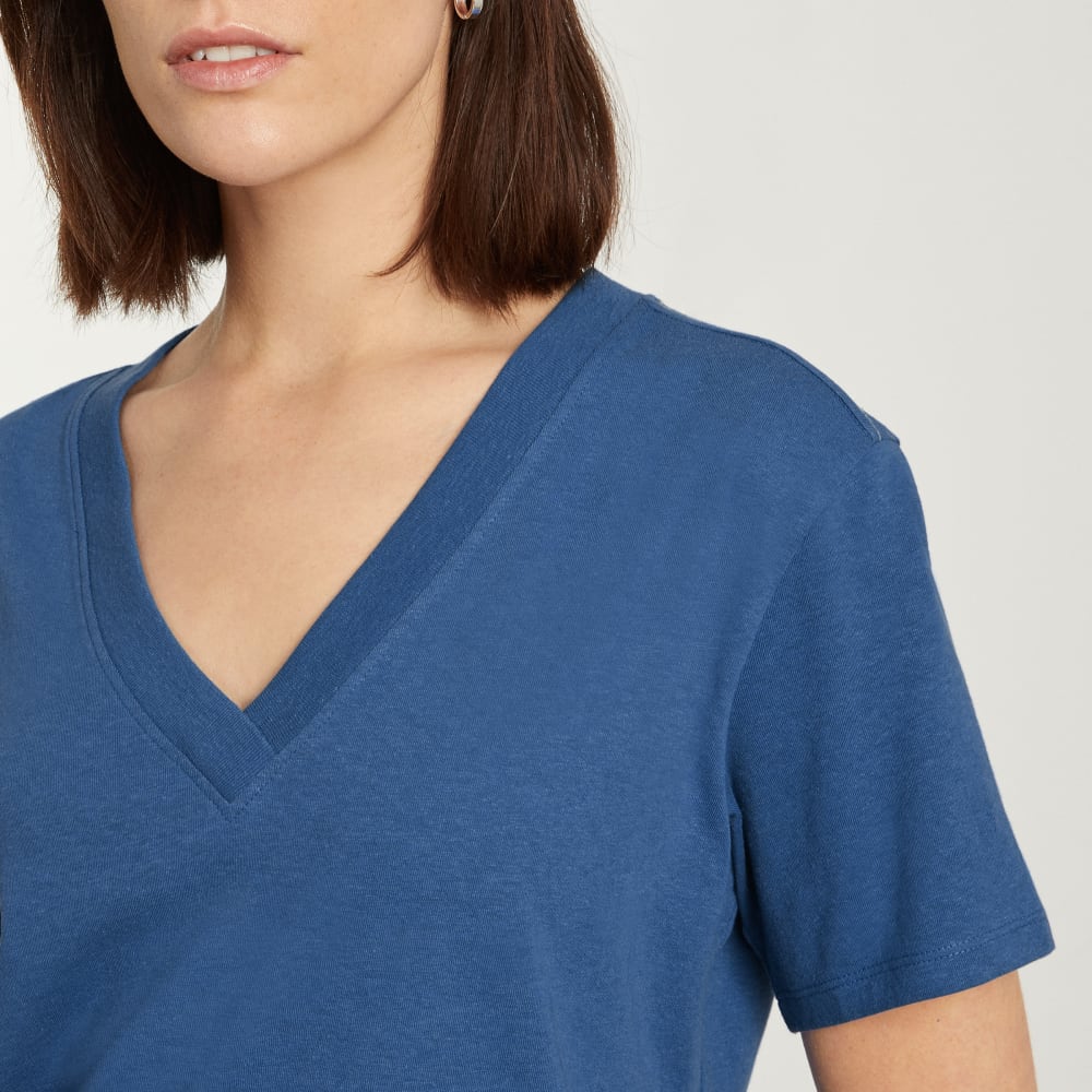 The Vintage V-Neck Hemp Tee in Deep Blue — detail view