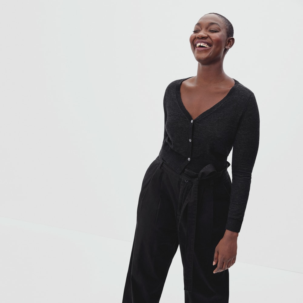 The Featherweight Alpaca Cardigan in Heathered Black — front view