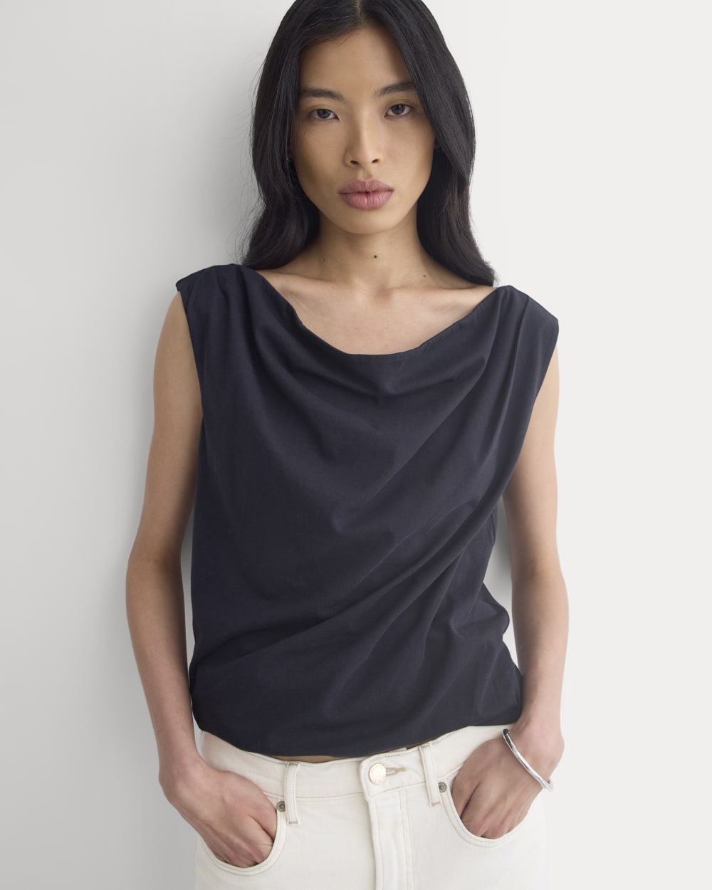Boatneck Twisted Top in Essential Cotton in Black — front view