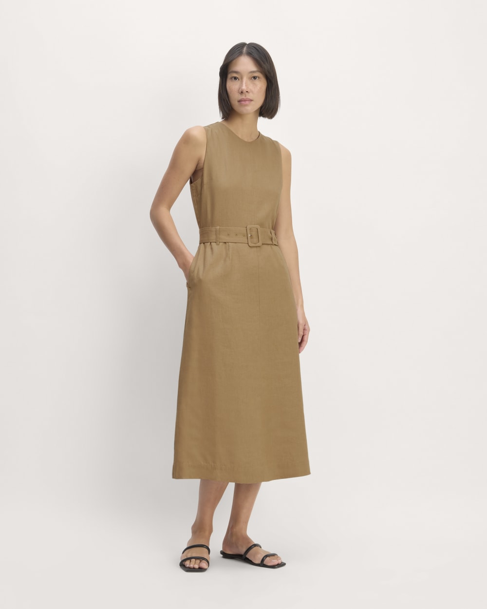 The Linen Belted Midi Dress in Tiger's Eye — detail view