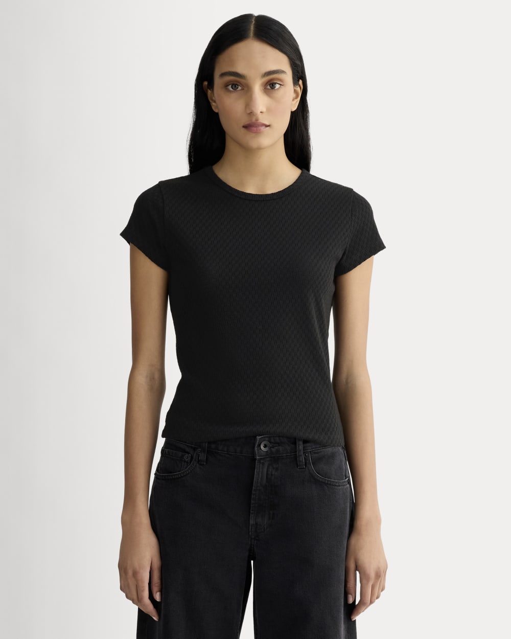 The Pointelle Short-Sleeve Tee in Black — front view
