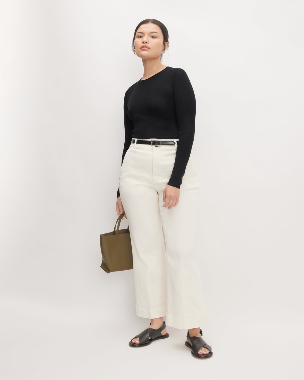 The Long-Sleeve Sweater Tee in Ultrasoft Merino in Black — detail view