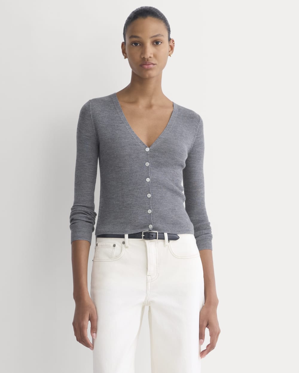 The Cardigan in Ultrasoft Merino in Heather Mid Grey — detail view
