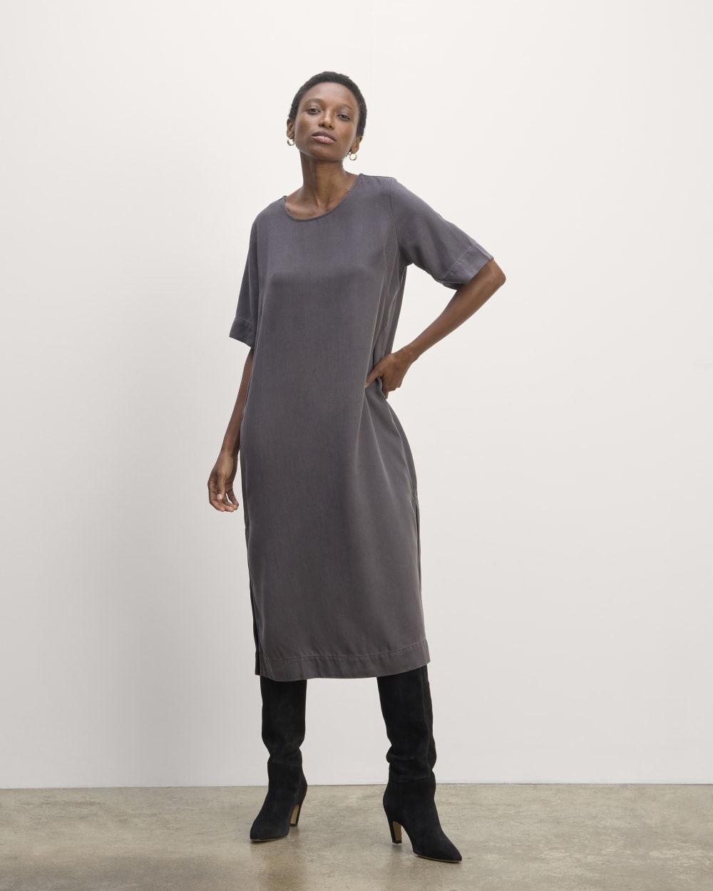 The Relaxed T-Shirt Dress in Buttersoft in Graphite — front view