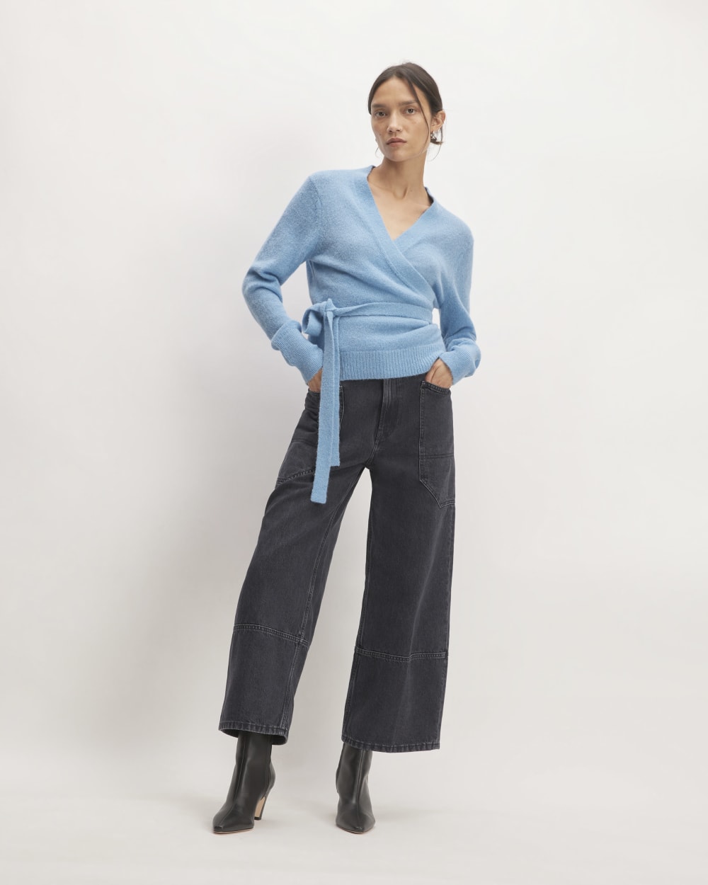 The Alpaca Wrap Sweater in Heritage Blue — detail view