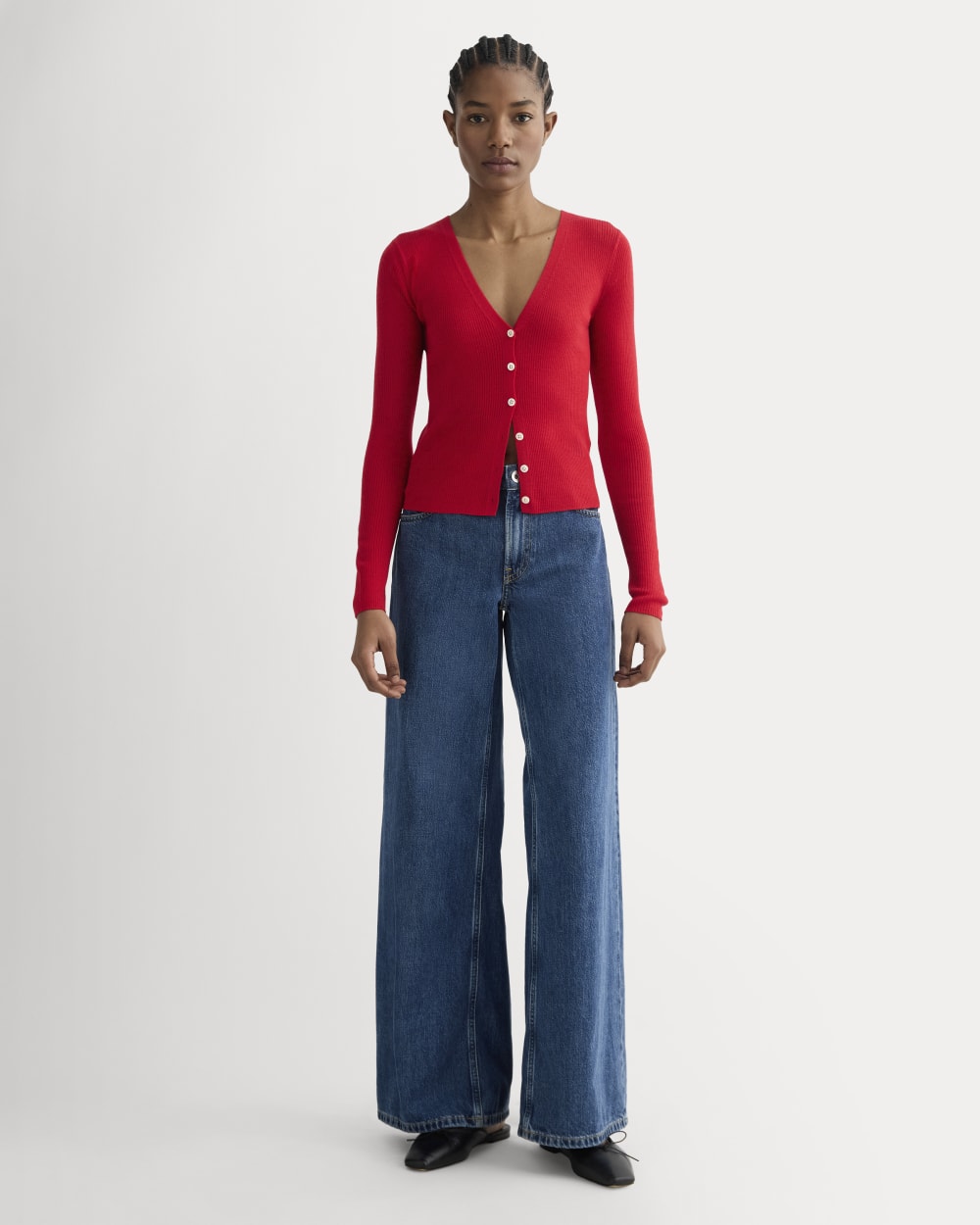 The Cardigan in Ultrasoft Merino in Classic Red — detail view