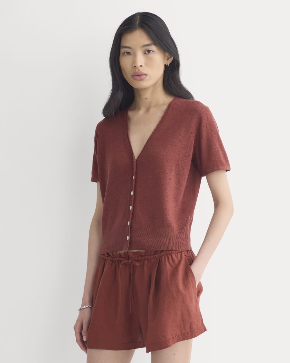 Lace Trim Cardigan in Fine Linen in Henna Red — front view