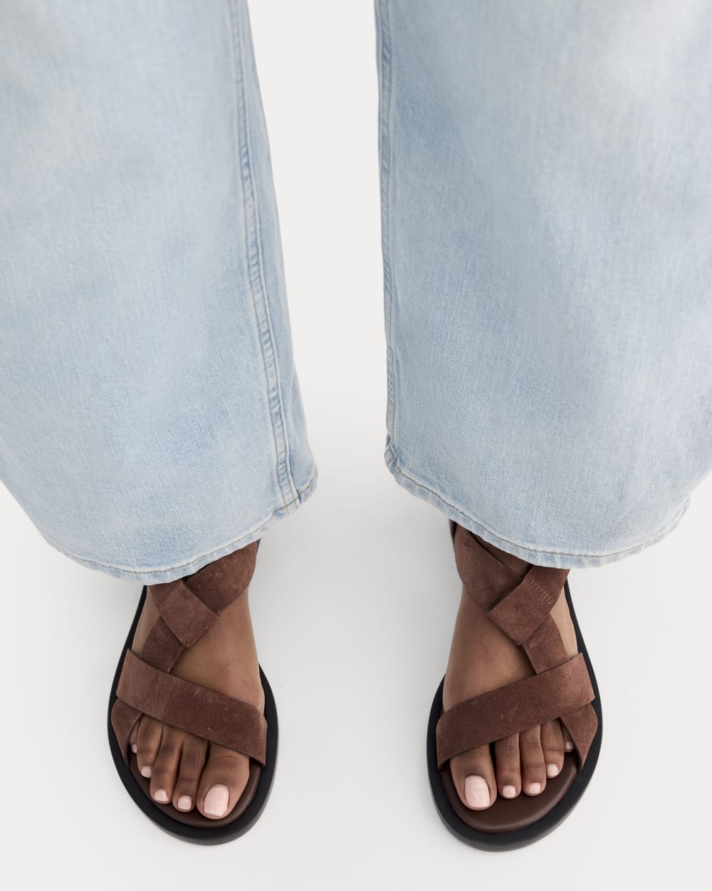 The City Strap Sandal in Burnt Umber Suede — detail view