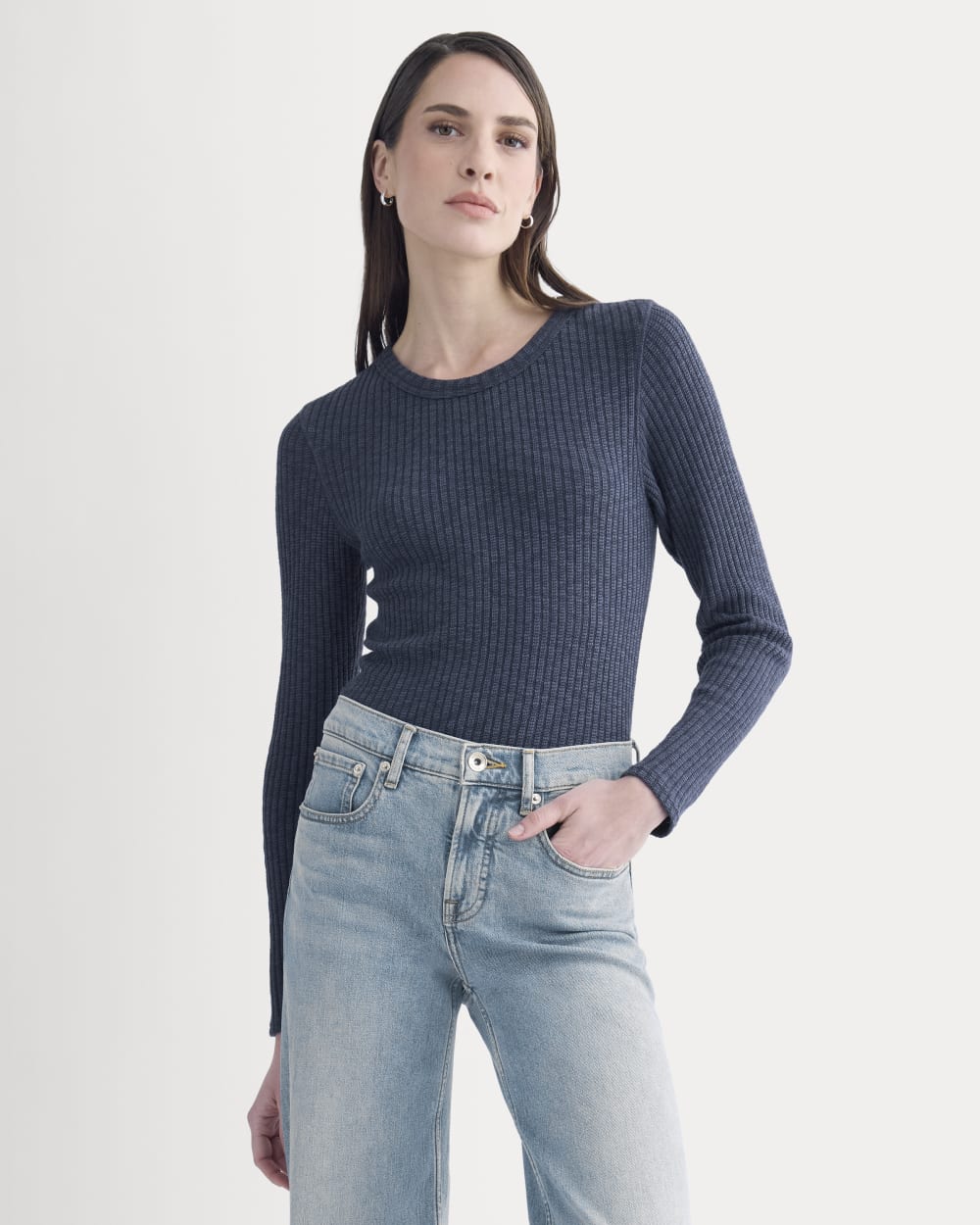 The Cozy Rib Long-Sleeve Tee in Mood Indigo — detail view