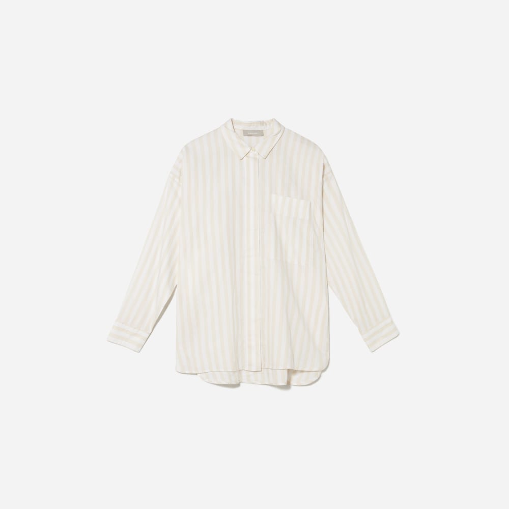 The Oversized Silky Cotton Shirt in Sand / White — front view
