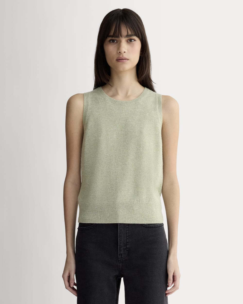 The Classic Tank in Cashmere in Light Heathered Moss — front view