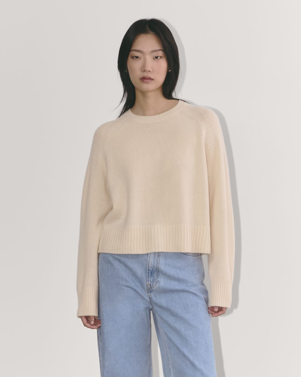 The Boxy Crew in Cashmere in Creme — front view