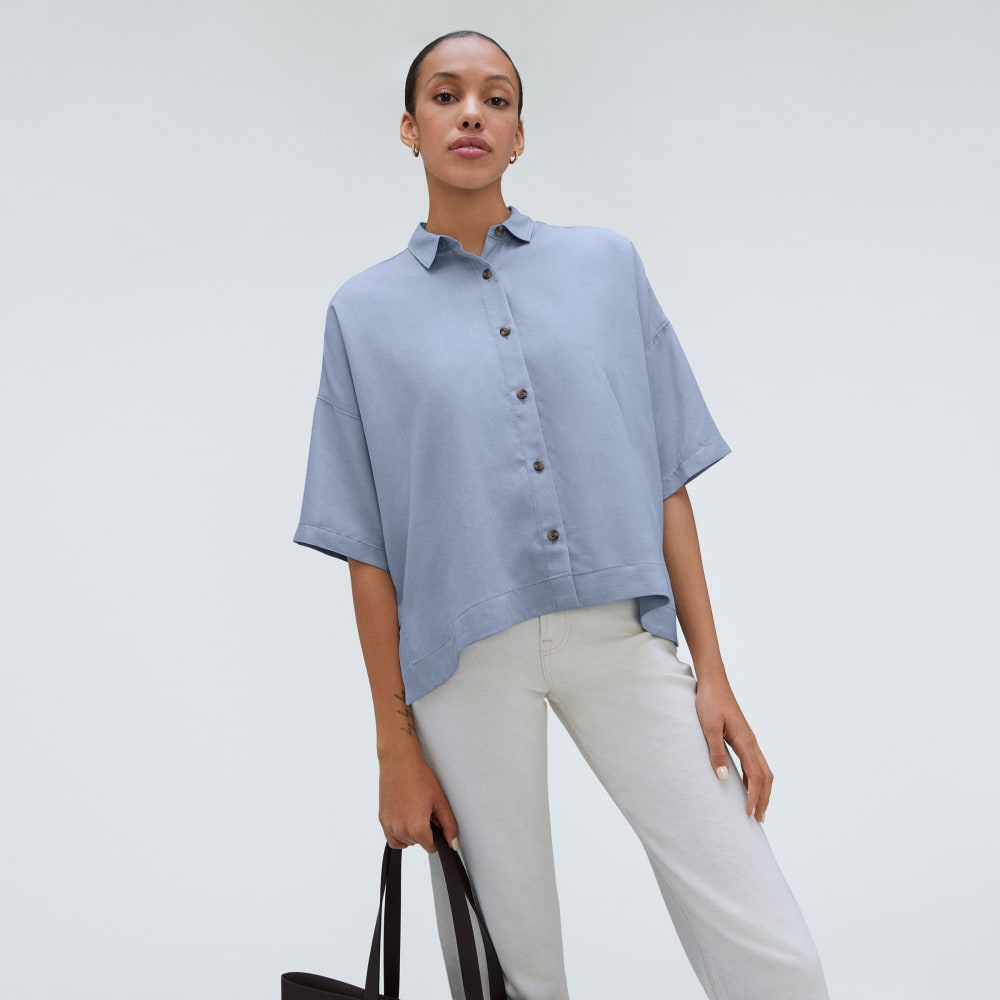 The Drapey Square Shirt in Blue Slate — detail view