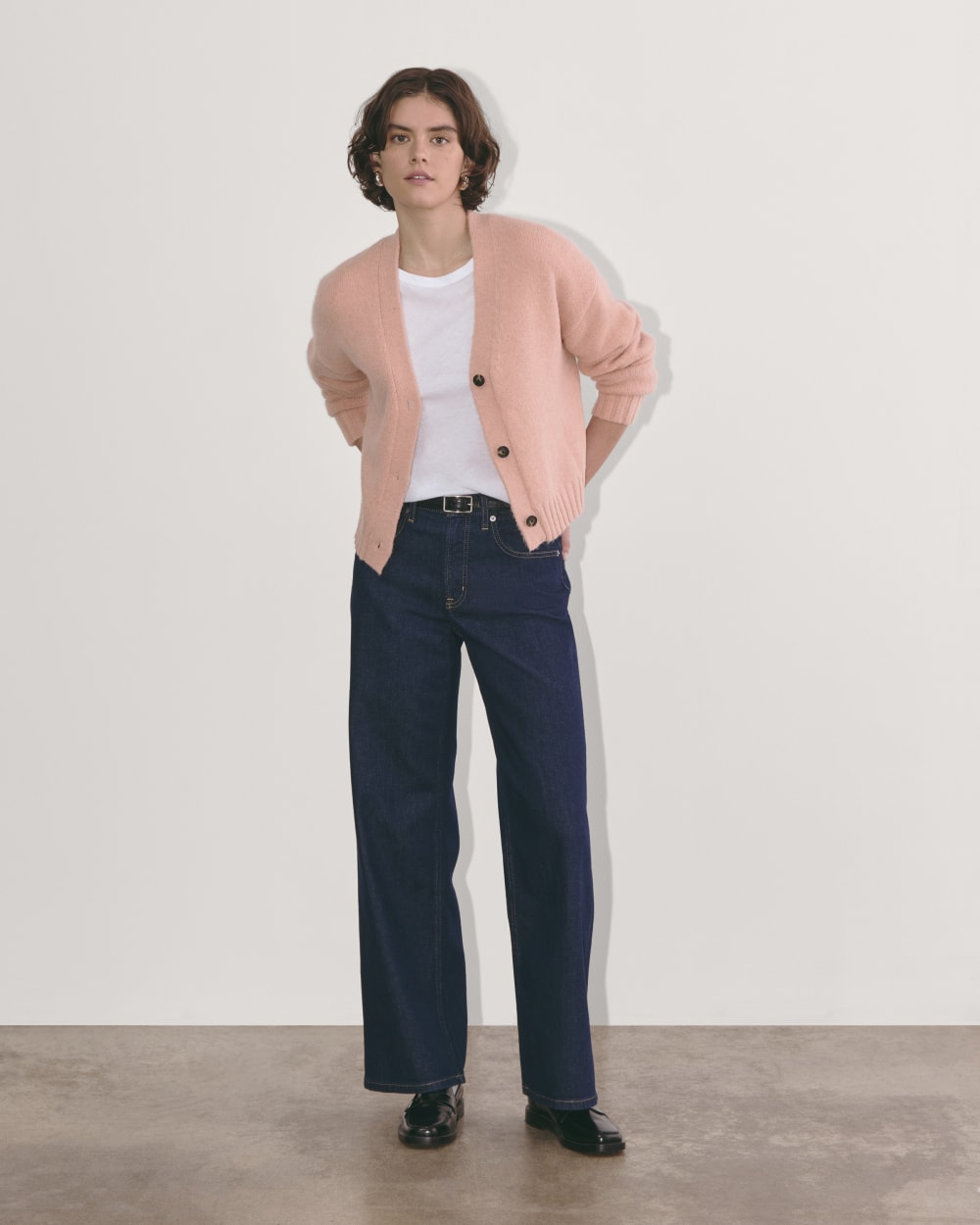 The Boxy Cardigan in Alpaca in Blush Pink — detail view