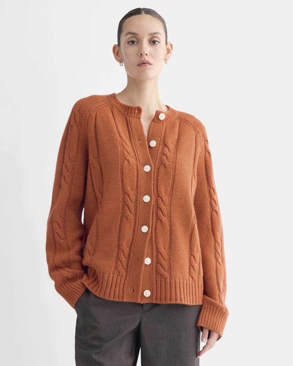 Cable Cardigan in Extrafine Luxe Merino in Rust Heather — front view