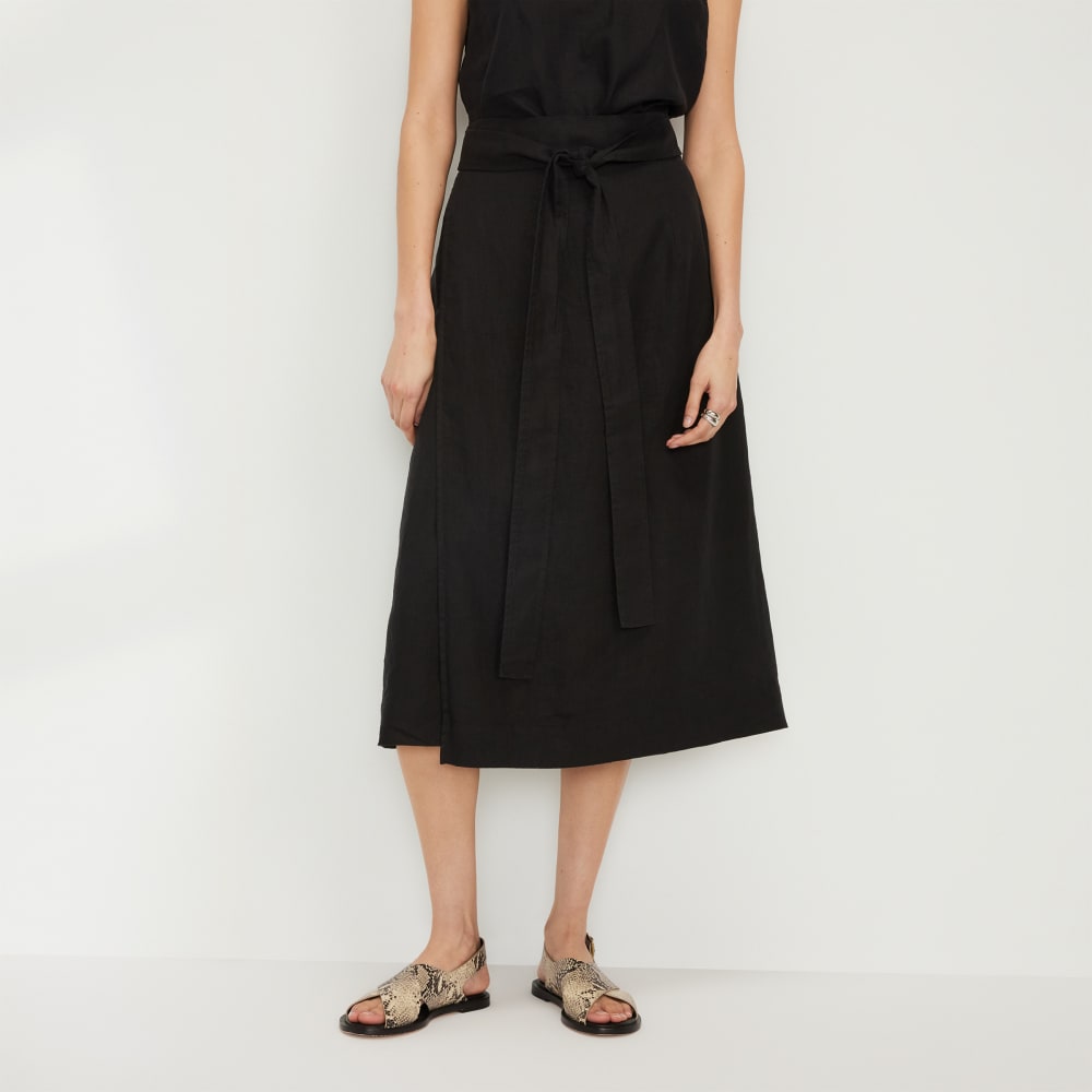 The Linen Wrap Skirt in Black — front view