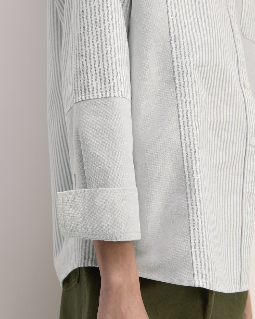 The Everlane x Marques' Almeida Patchwork Relaxed Shirt in Grey Stripe Patchwork — detail view