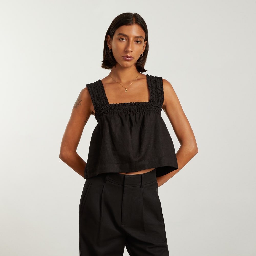 The Smocked Linen Cami in Black — front view