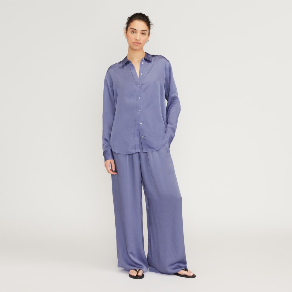 The Satin Relaxed Shirt in Cornflower Blue — detail view