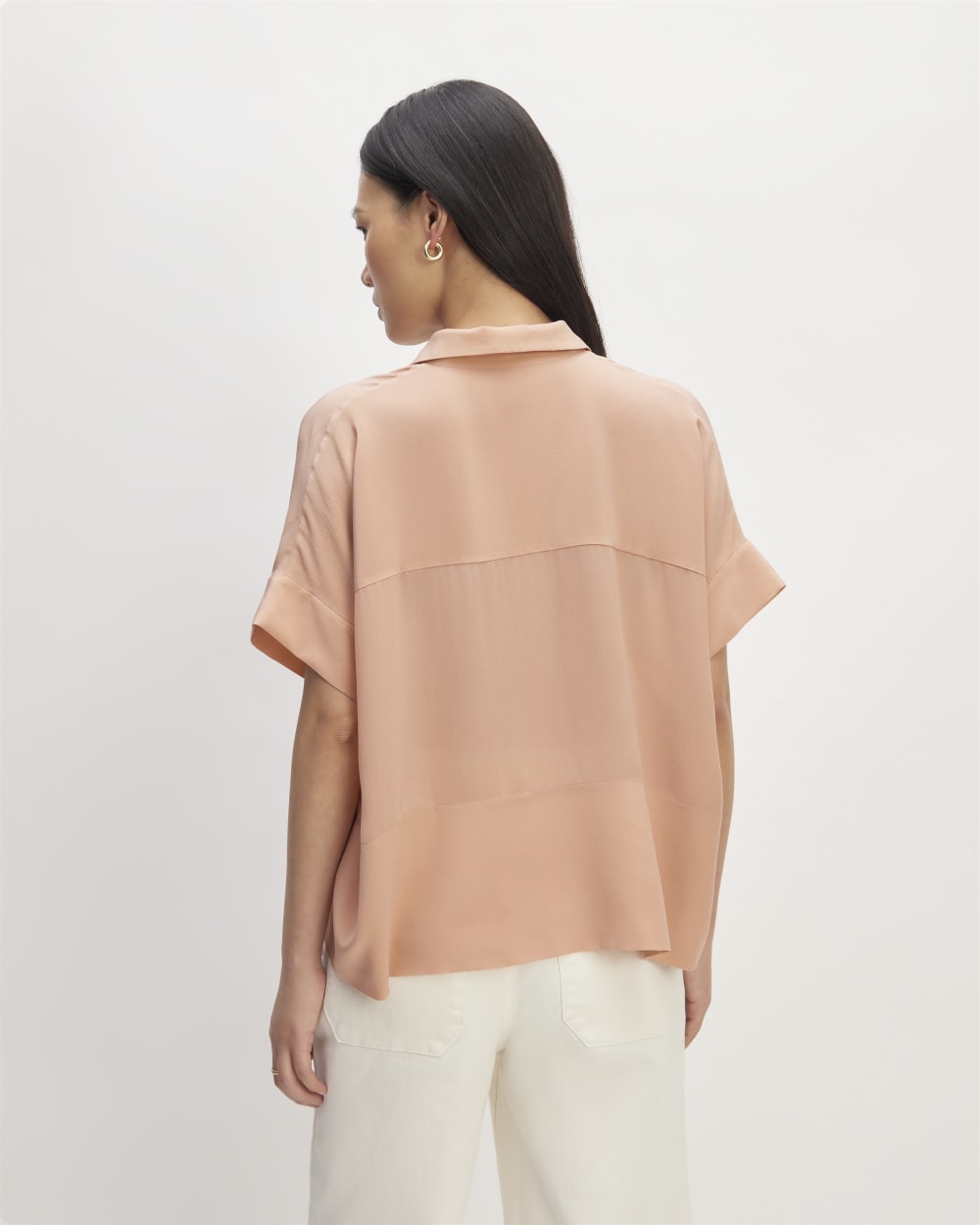 The Boxy Shirt in Washable Silk in Blush Pink — detail view