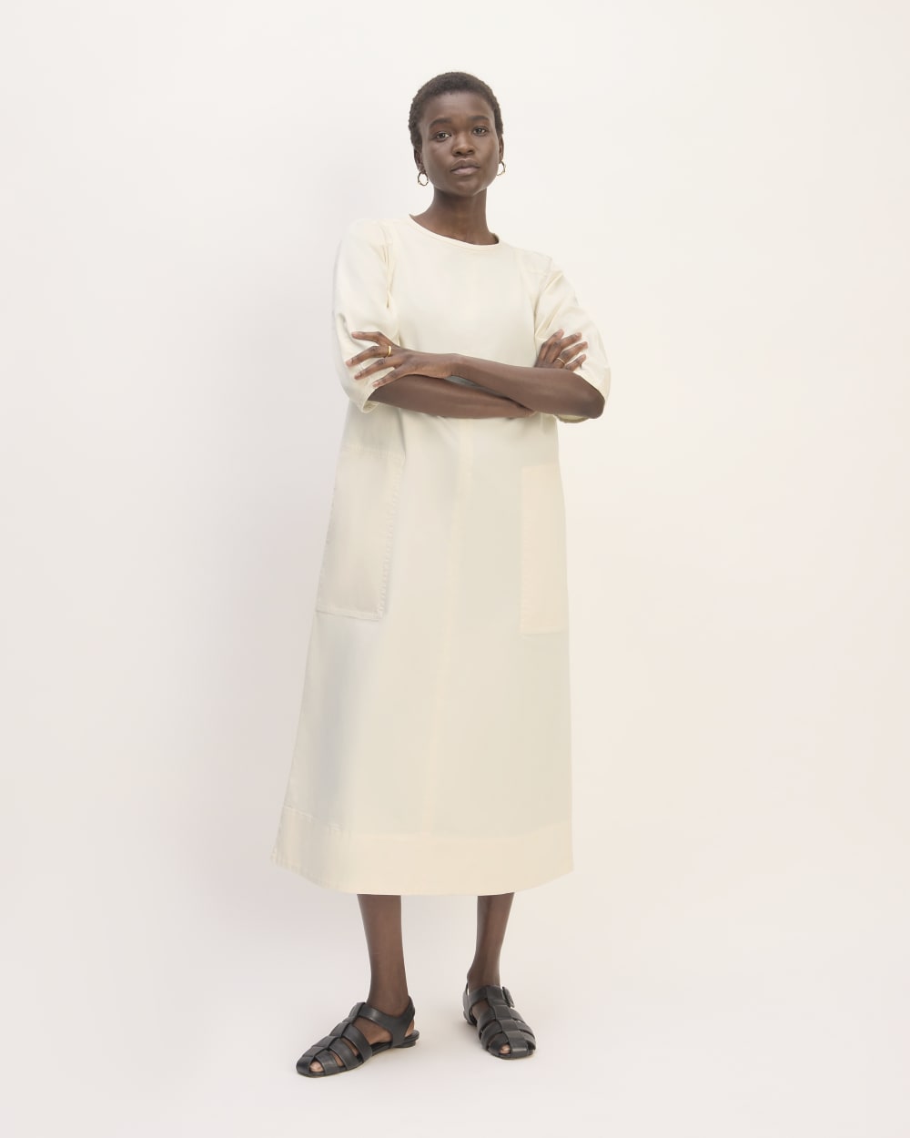 The Short-Sleeve Puff Midi Dress in Bone — front view