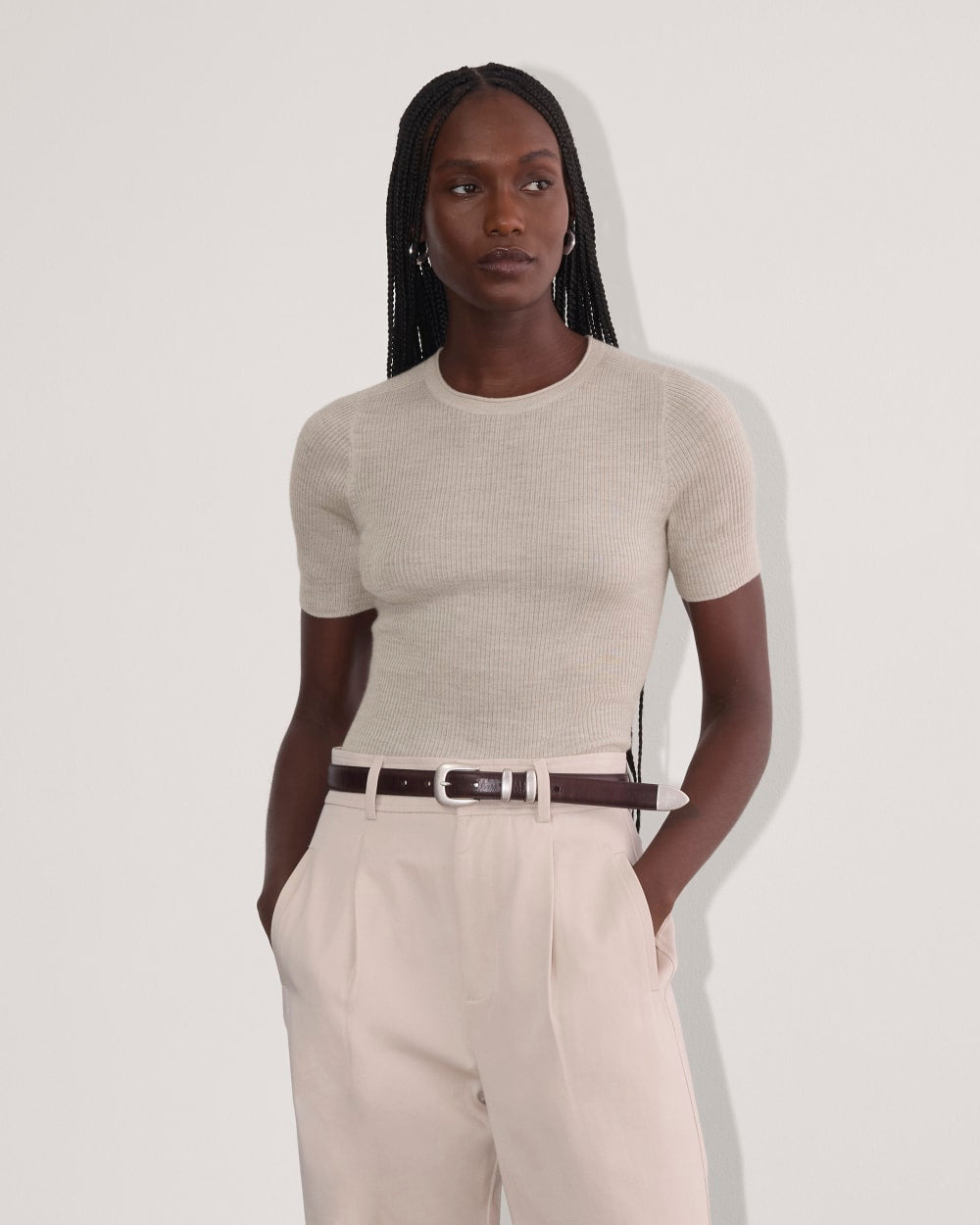 The Sweater Tee in Ultrasoft Merino in Heather Oatmeal — front view