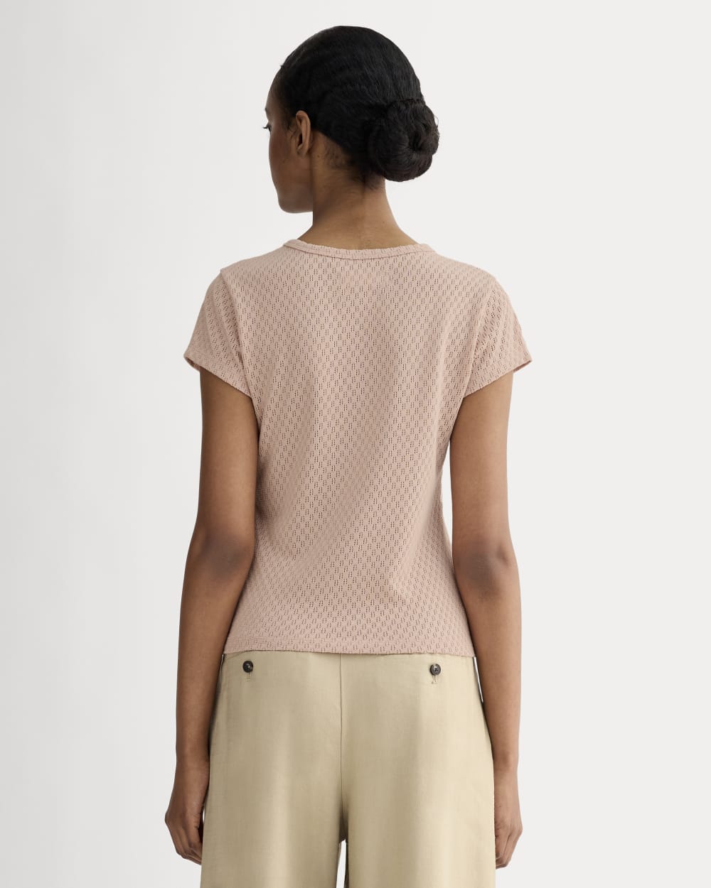 The Pointelle Short-Sleeve Tee in Rose Smoke — detail view
