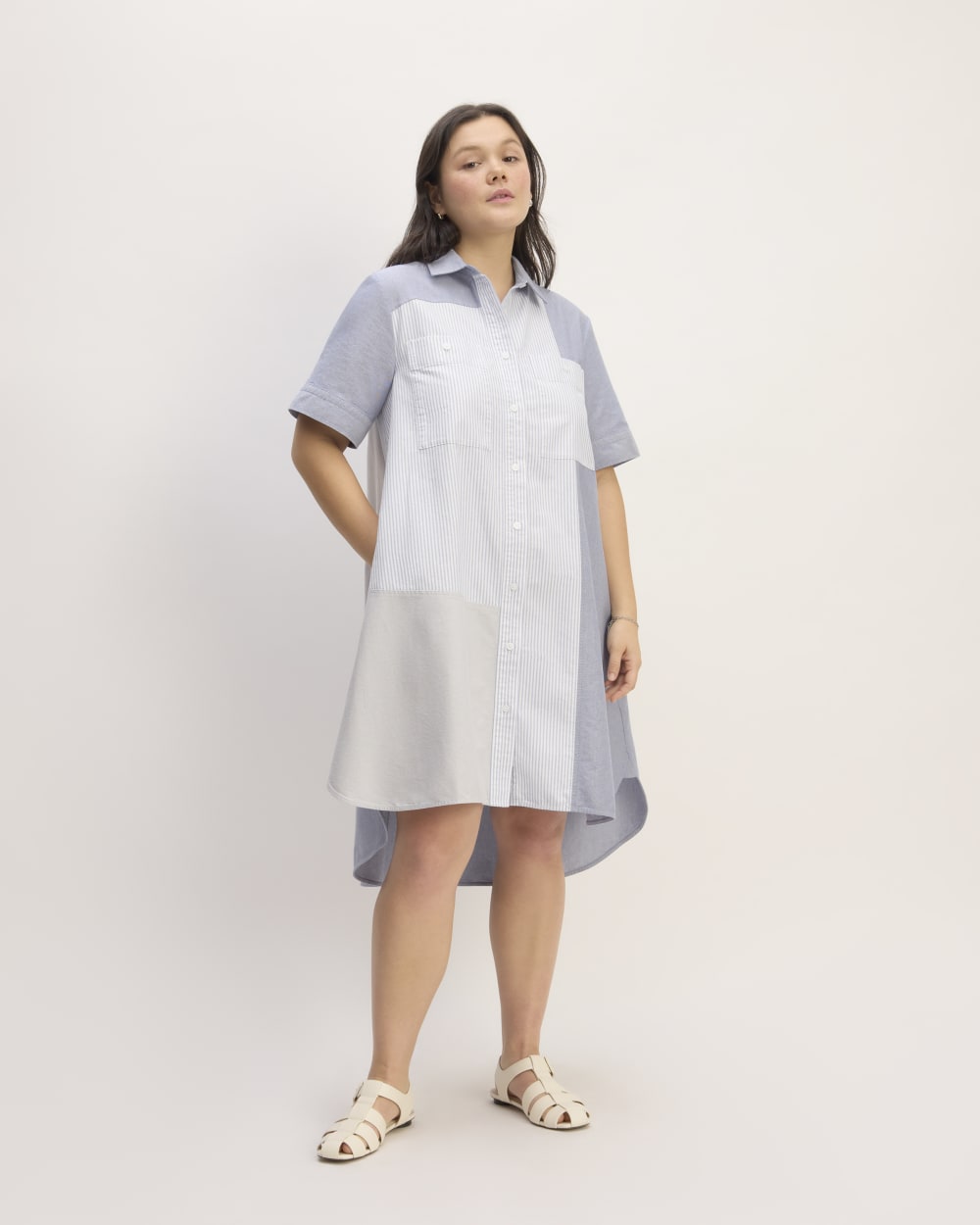 The Everlane x Marques' Almeida Patchwork Daytripper Dress in Blue Stripe Patchwork — front view