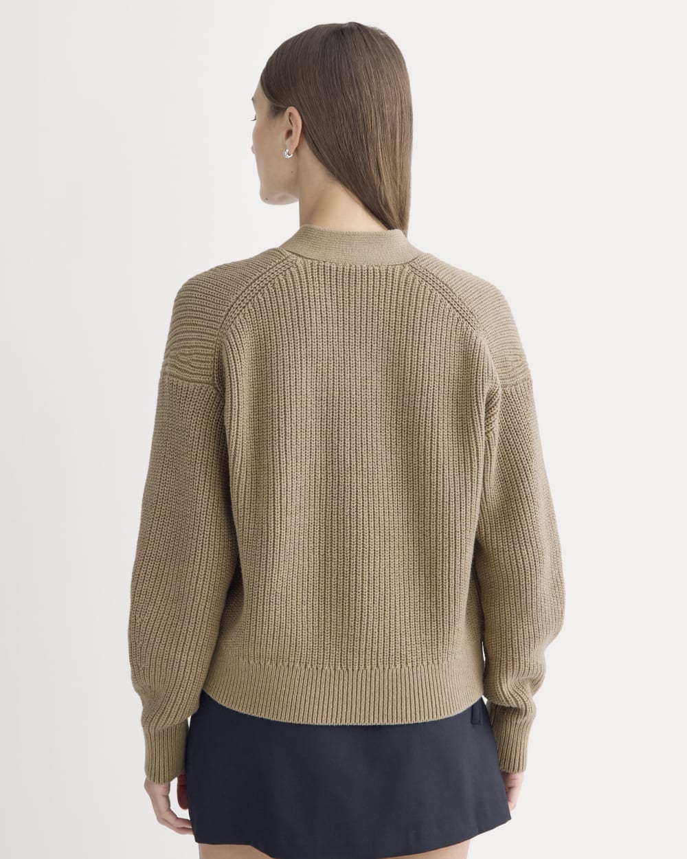 The Boxy Cardigan in Everyday Cotton in Dark Heathered Camel — detail view