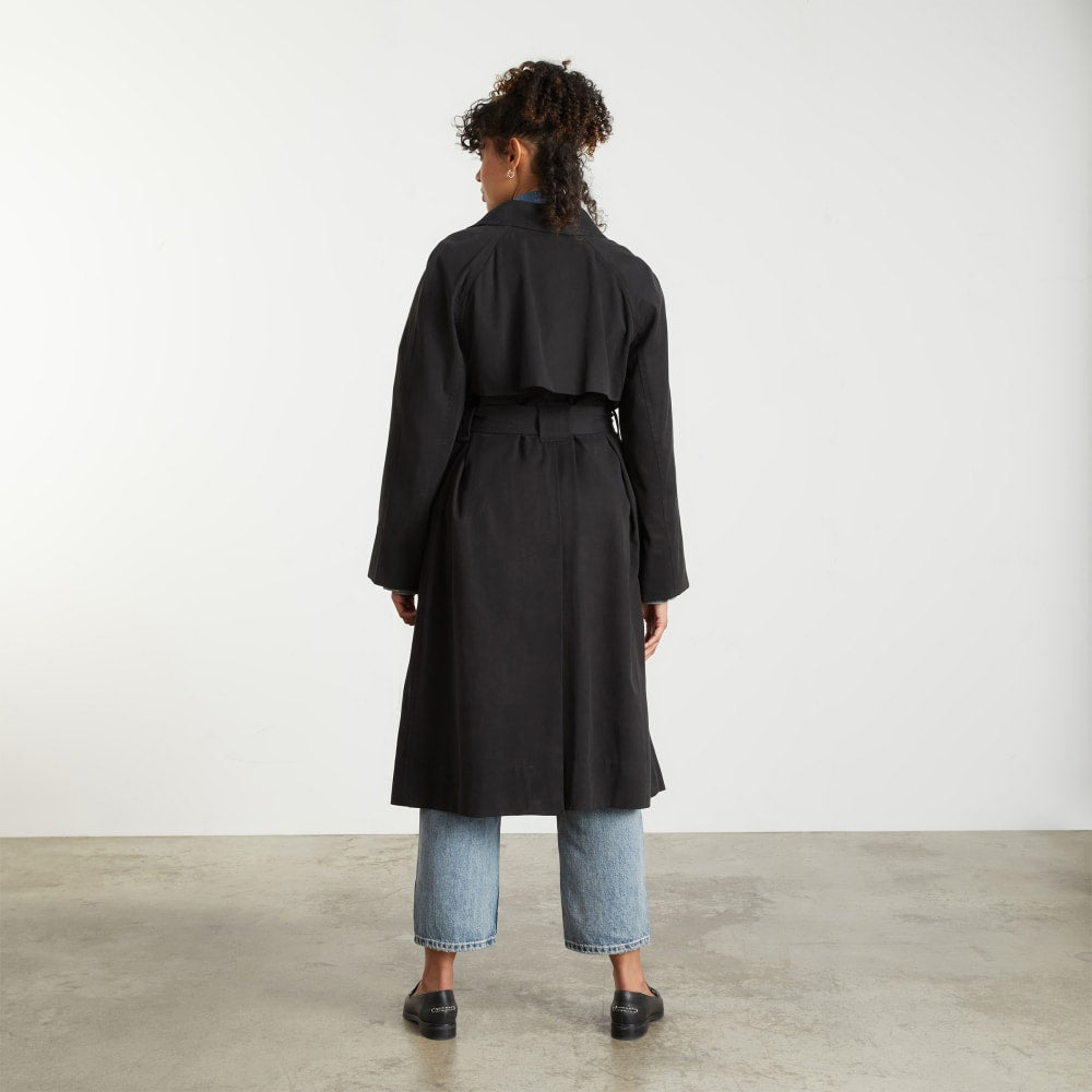The Gathered Drape Trench in Black — detail view