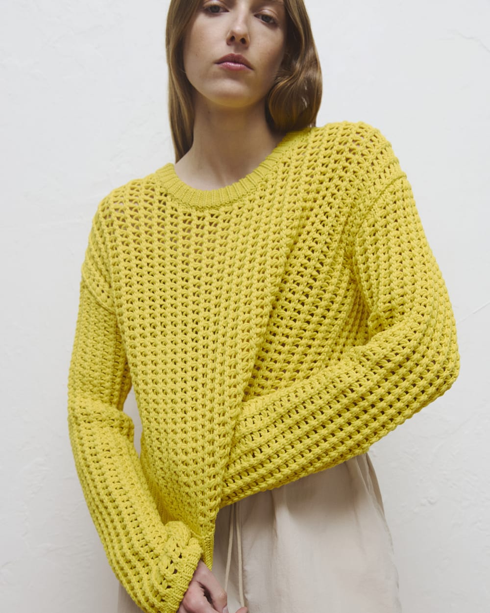 Open-Knit Crew in Elevated Cotton in Passion Fruit — detail view