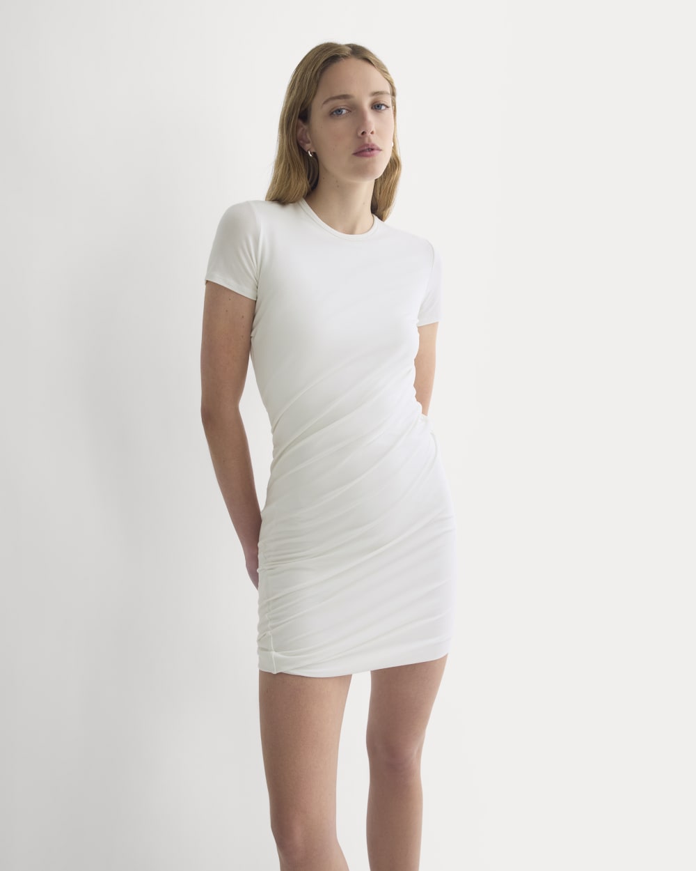 Twisted Short-Sleeve Crew Dress in Bone — front view