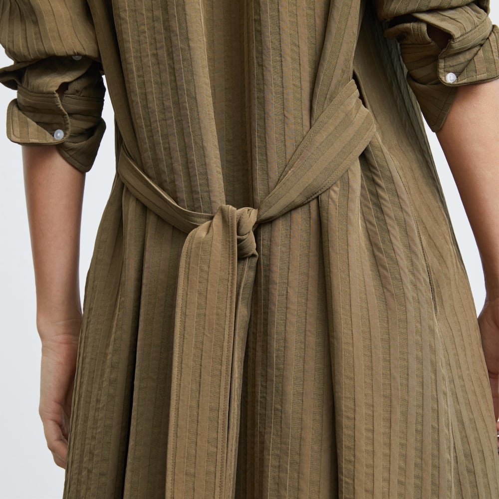 The City Stripe Draped Shirt Dress in Beech — detail view