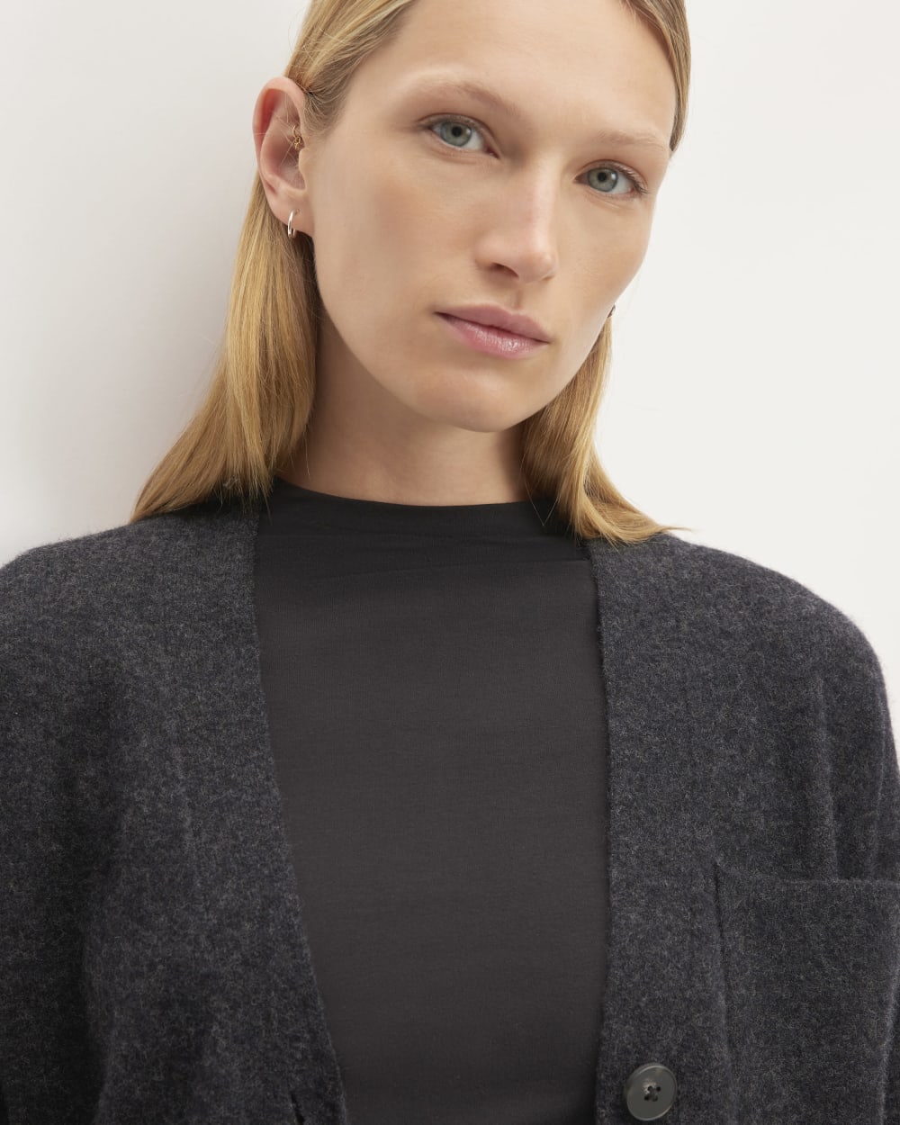 The Cozy-Stretch Relaxed Cardigan in Charcoal — detail view