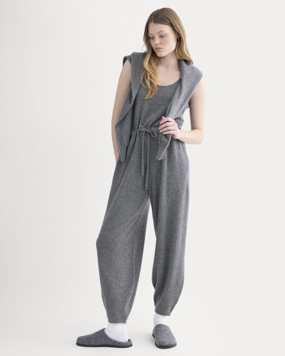 Cashmere Lounge Jumpsuit in Heather Charcoal — front view