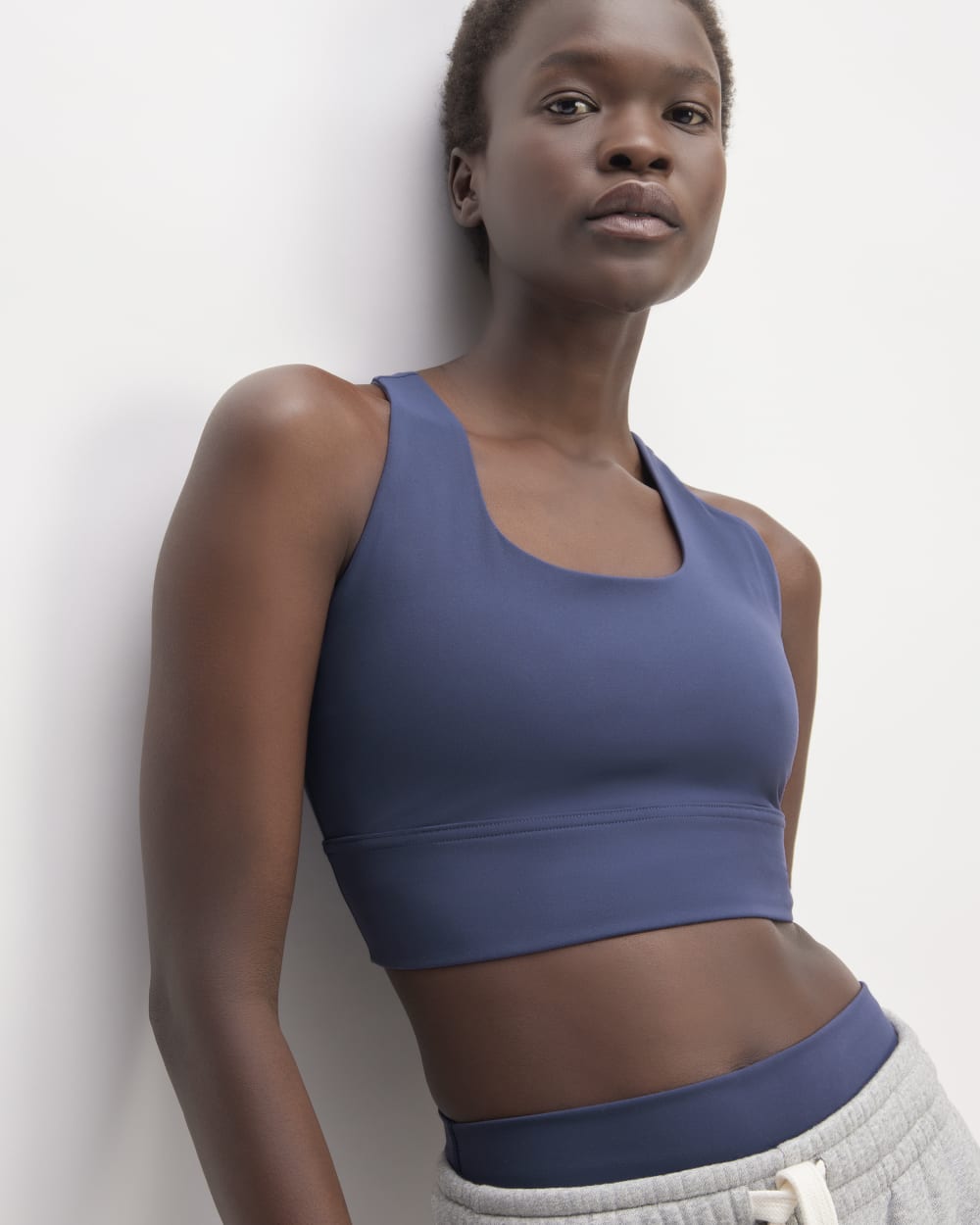 The Perform Longline Bra in Ocean Blue — detail view