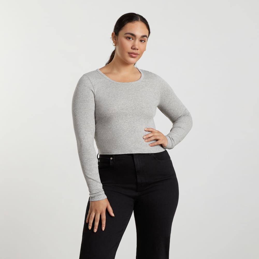 The Pima Micro-Rib Cropped Long-Sleeve Crew in Heathered Grey — alternate view