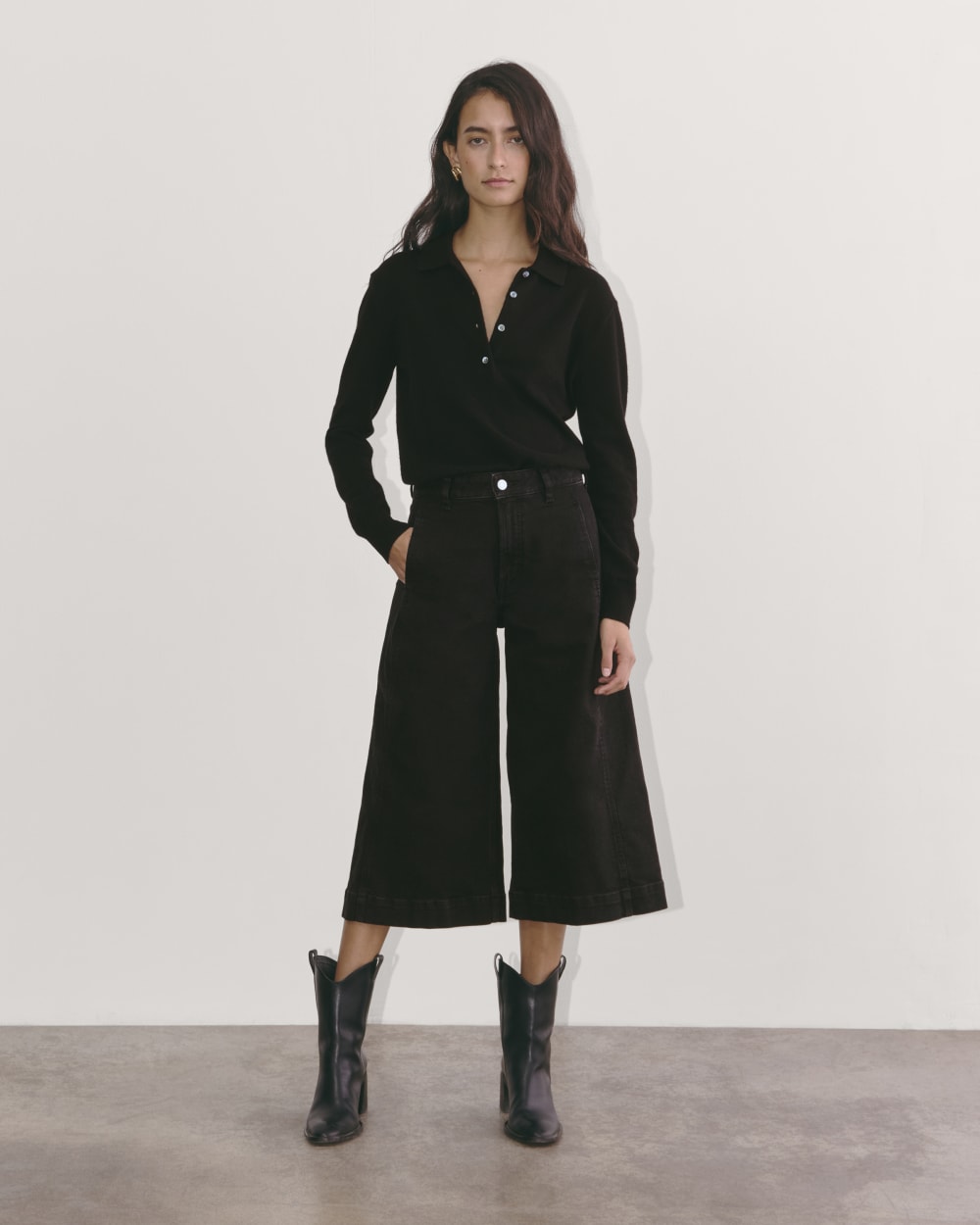 The Denim Culotte in Tumbled Black — front view