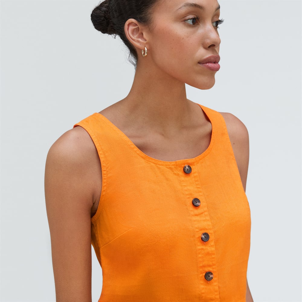 The Linen Button-Front Crop Tank in Turmeric — detail view