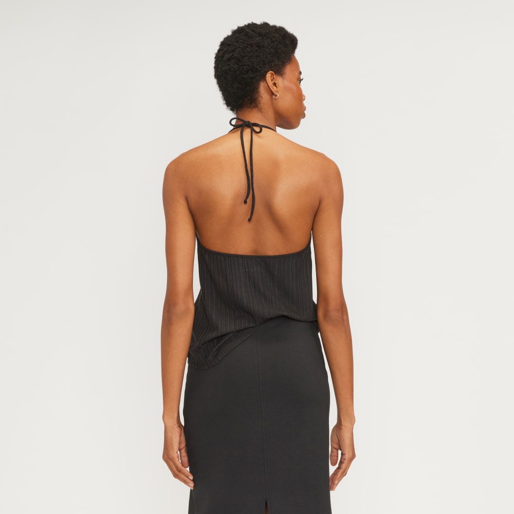 The Rib Soft Knit Halter Top in Black — detail view