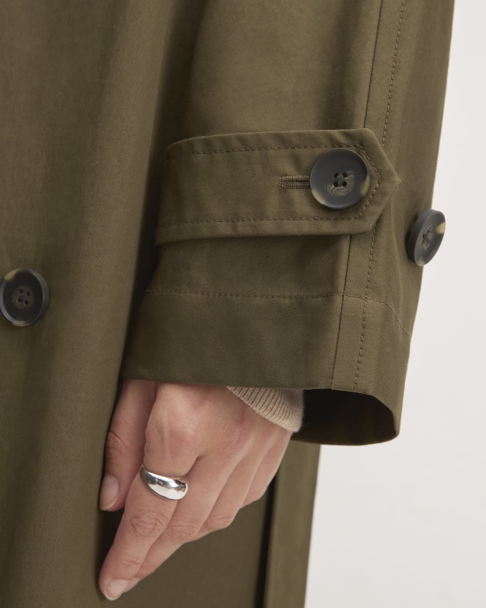 The Cotton Long Trench Coat in Beech — detail view