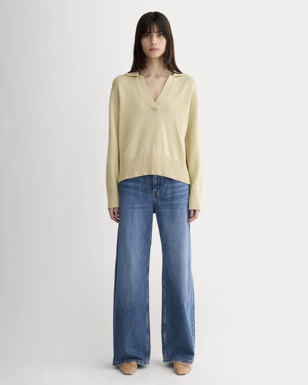 The Boxy Polo in Everyday Cotton in Mojave Desert / Natural — detail view