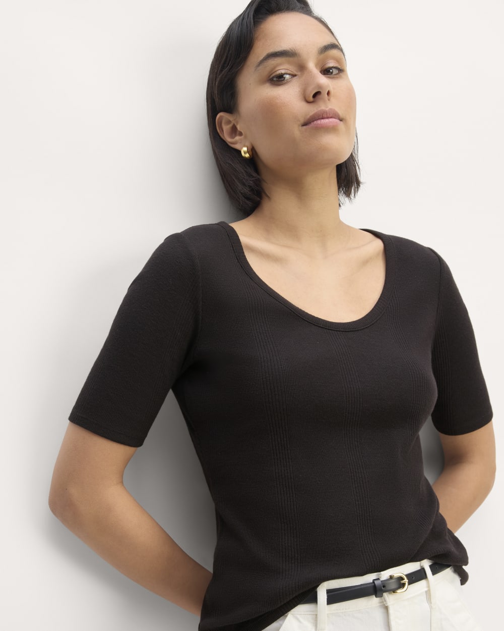 The Vintage Rib Scoop-Neck Top in Black — detail view