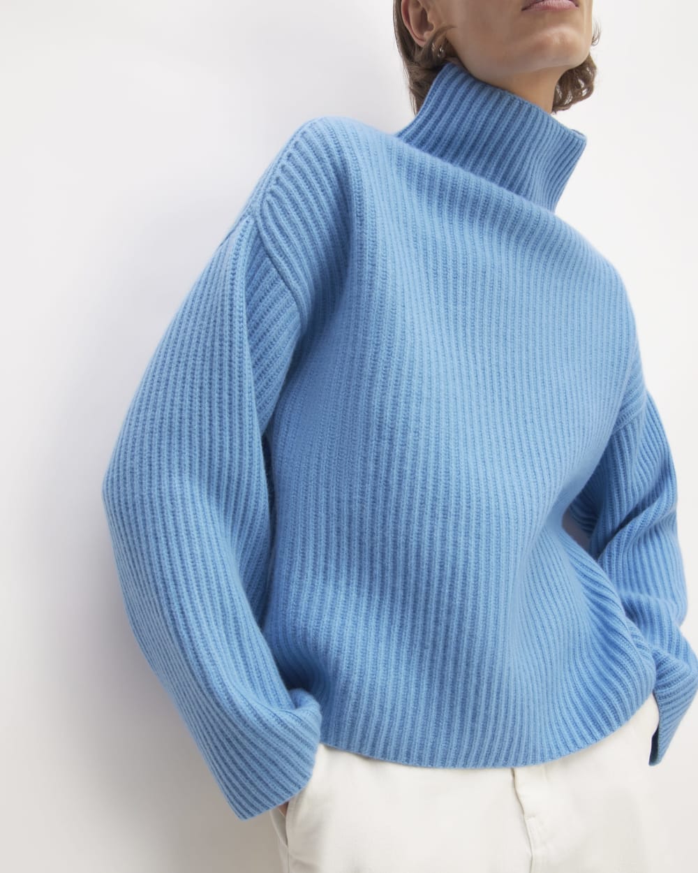 The Felted Merino Funnel-Neck Pullover in Heritage Blue — detail view