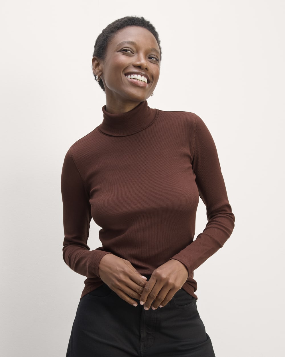 The Luxe Rib Turtleneck in Dark Mahogany — front view