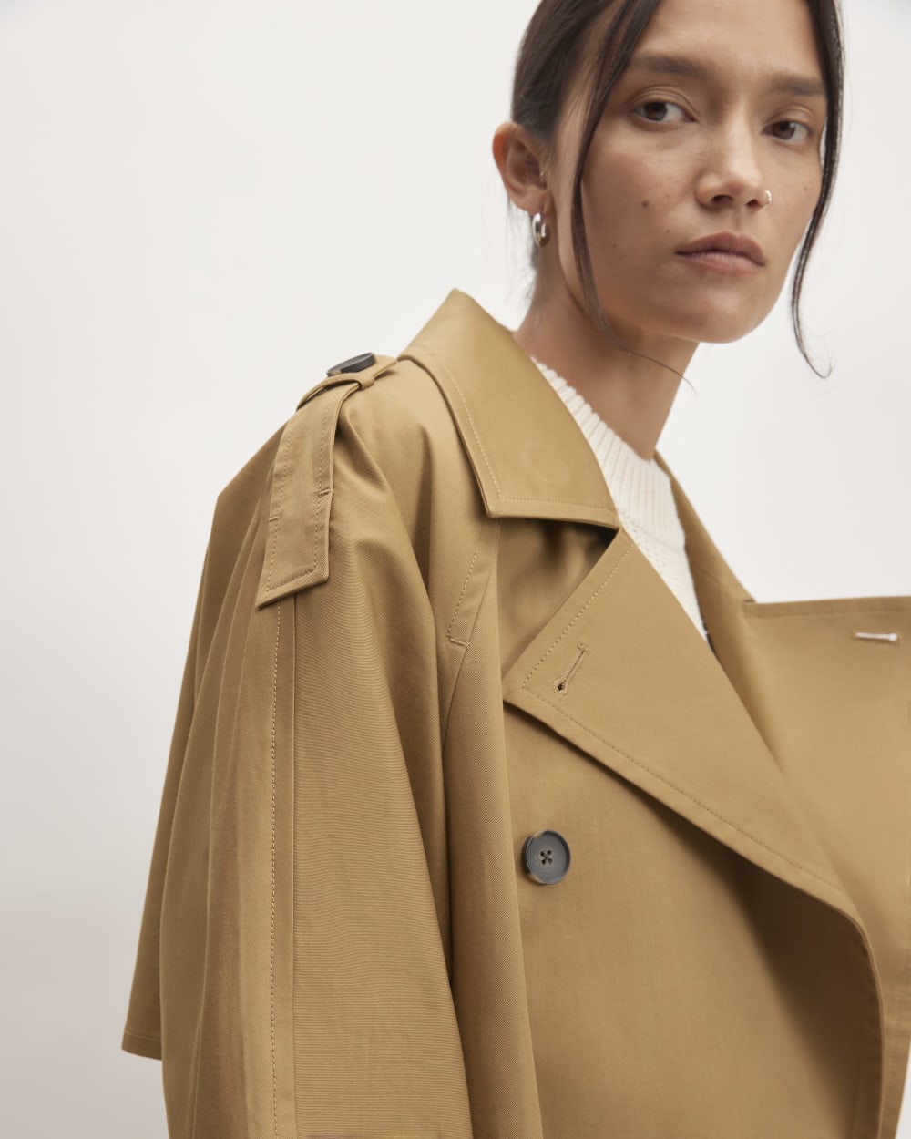 The Cotton Long Trench Coat in Toasted Coconut — detail view