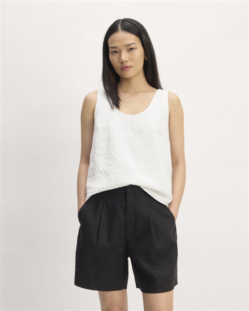 The Linen Eyelet Scoop-Neck Tank in White Eyelet — front view