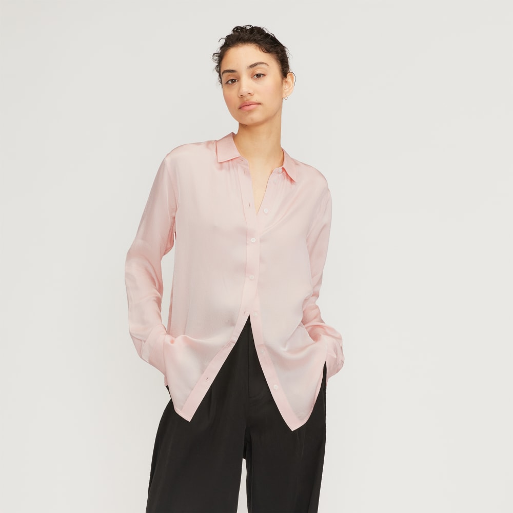 The Satin Relaxed Shirt in Petal Pink — front view