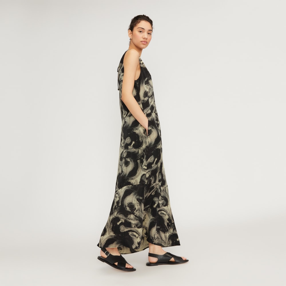 The Satin V-Neck Maxi Dress in Pale Yellow / Black — detail view