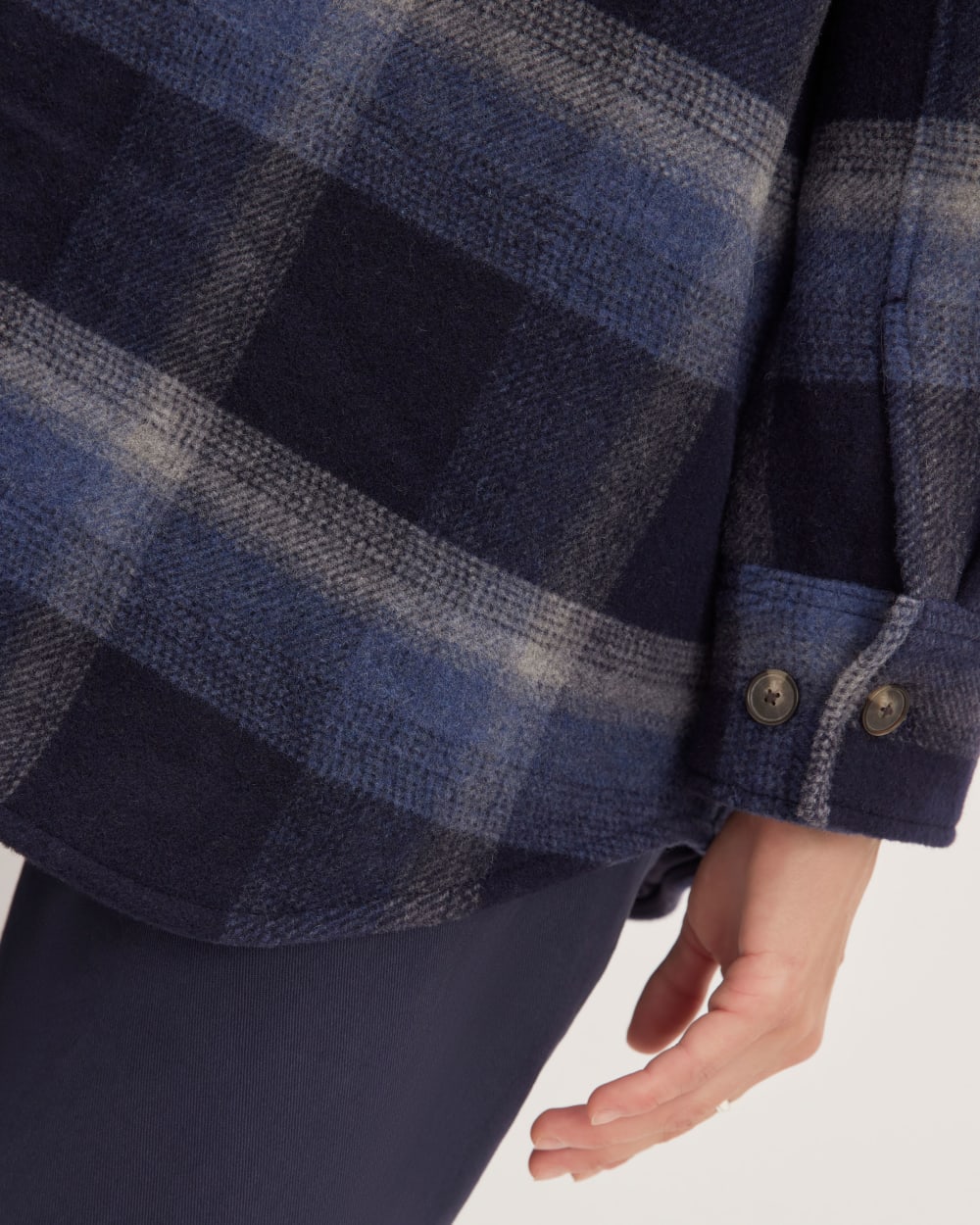 The Italian ReWool® Oversized Shirt Jacket in Navy / Shadow Plaid — detail view